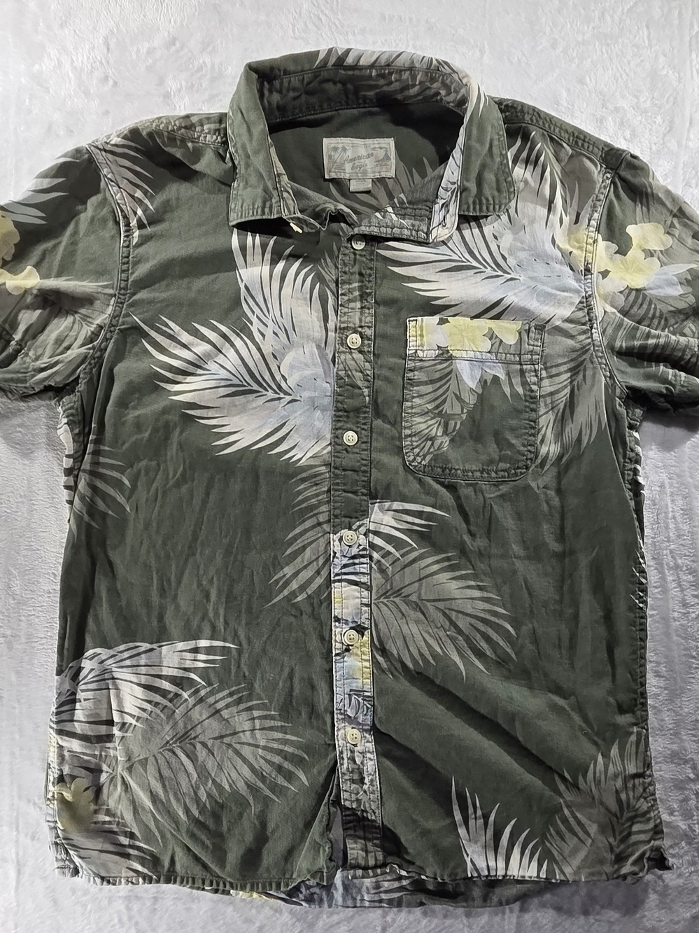 American Eagle Men’s S Green Tropical Floral Cotton Short Sleeve Pckt Shirt-0113